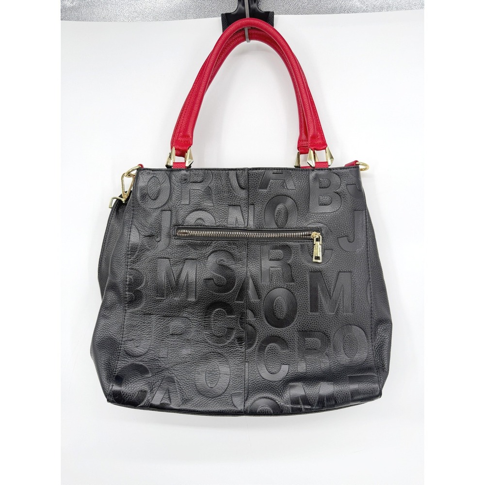AIDRANI Black & Red Pebble Leather Letters‎ Tote Bag Red Handle Satchel Chic